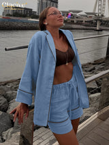 Clacive Fashion Loose Blue Cotton Home Women's Two Pieces Set 2025 Elegant Long Sleeve Shirt With High Waist Shorts Set Female