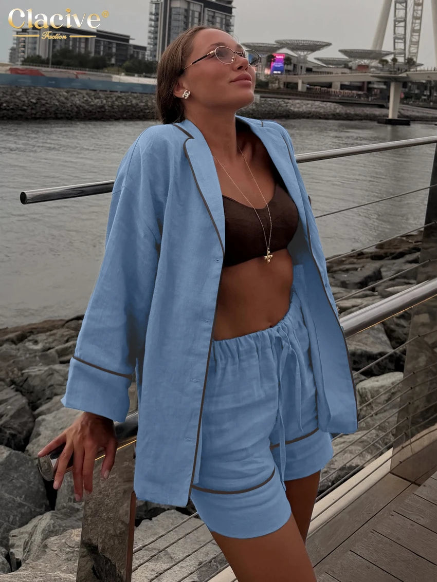 Clacive Fashion Loose Blue Cotton Home Women's Two Pieces Set 2025 Elegant Long Sleeve Shirt With High Waist Shorts Set Female