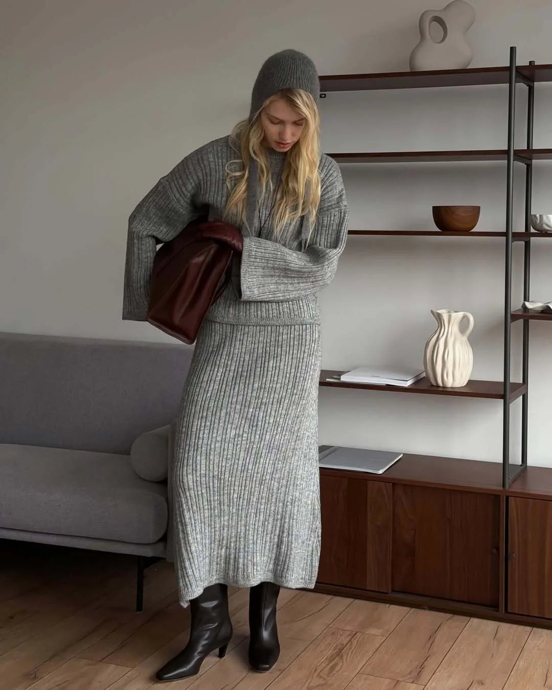 Hirsionsan Sexy Soft Elegant Vintage Women Suits 2 Pieces Female Sets Polo Neck Cardigan Sweater & Midi Dress Knitted TrackSuit
