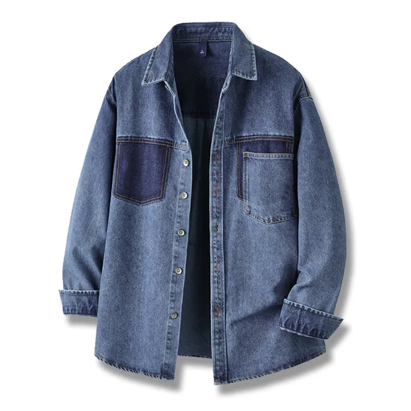 Mens High Quality Custom Weave Slub Deconstructed Patchwork Denim Shirt Trendy Distressed Wash Streetwear Casual Long Sleeve