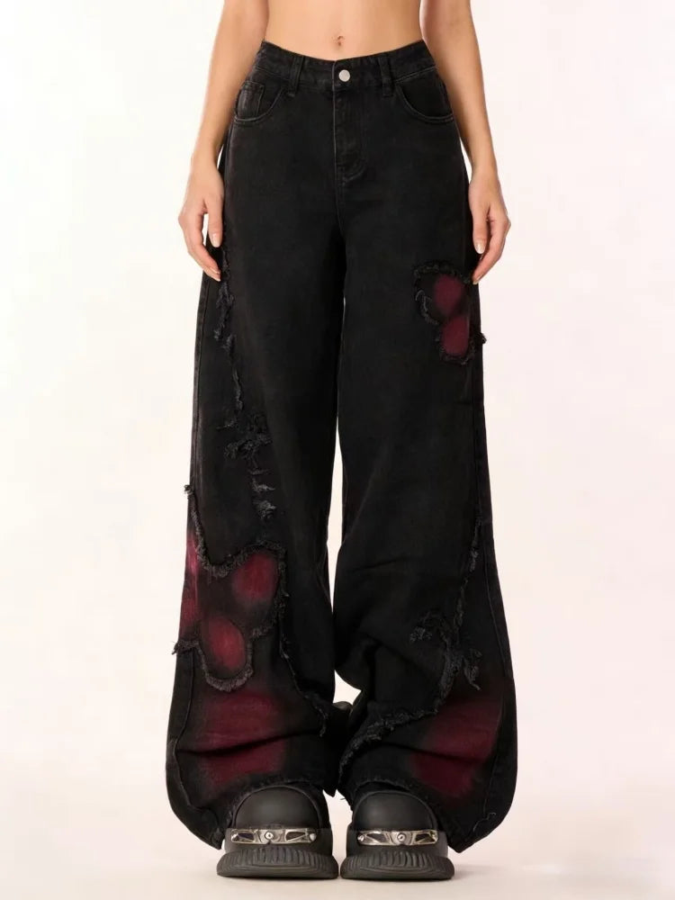 Women's Baggy Butterfly Jeans Vintage 90s Aesthetic Cowboy Pants Harajuku Oversize Denim Trousers Y2k 2000s Black Gothic Clothes