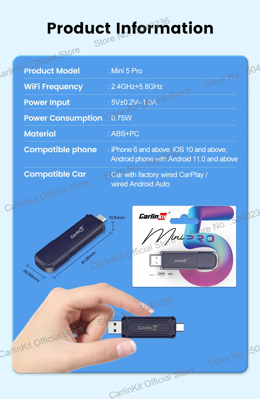 CarlinKit Mini5 Pro Wireless CarPlay & Android Auto Adapter