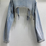 USA-Made Rhinestone Tassel Denim Jacket | Crystal Fringe Backless Festival Coat