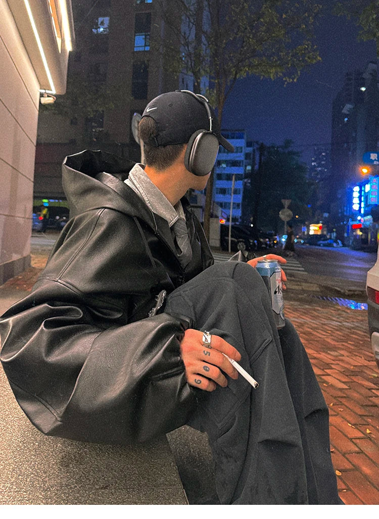 Men’s Oversized Hooded Faux Leather Jacket