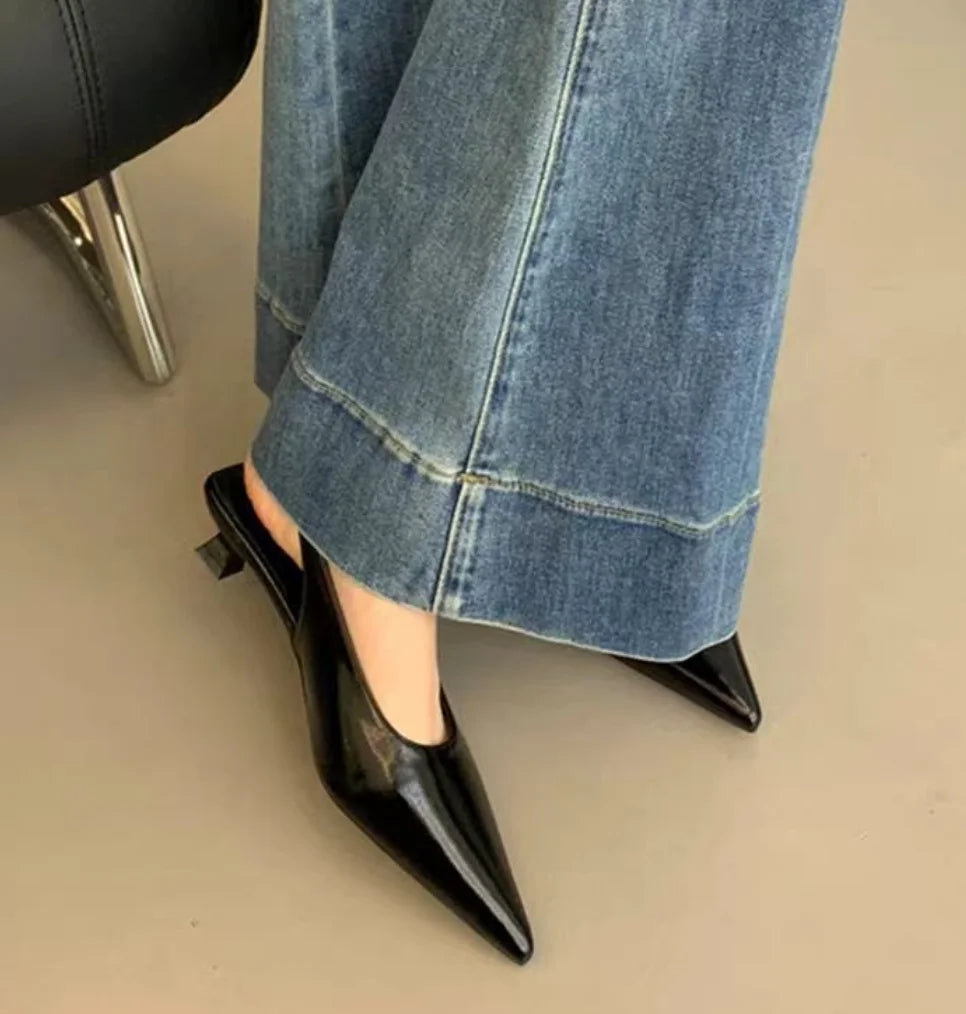 2026 Summer New Women Sandal Fashion Pointed Toe Shallow Slip on Ladies Elegant Slingback Shoes Thin Med Heel Dress Mules Pumps