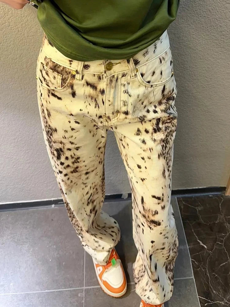 Women's High-Waisted Leopard Wide Leg Jeans | Y2K Vintage
