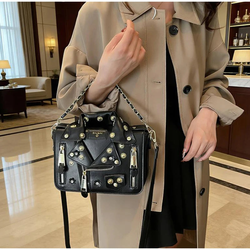 Jacket Collar Shaped Crossbody Shoulder Bag,Women Metal Flower Studded Handbag ,Niche Designer Streetwear Fashion Rivet Tote Bag