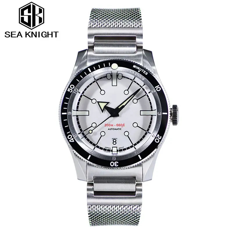 SEA KNIGHT Men NH35A Automatic Watch 200M Waterproof C3 Luminous 316L Steel Mesh Belt Sapphire Crystal Mechanical Diving Watch