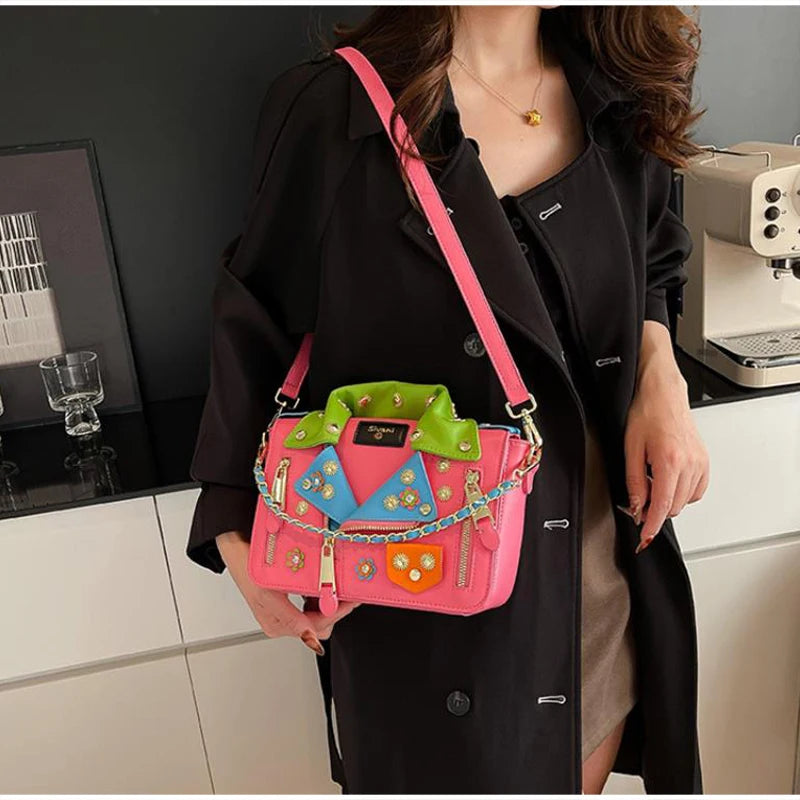Jacket Collar Shaped Crossbody Shoulder Bag,Women Metal Flower Studded Handbag ,Niche Designer Streetwear Fashion Rivet Tote Bag