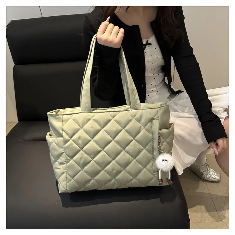 Multi Pocket Women Mailman Bag Diamond Patterned Cotton Clothing Shoulder Bag Large Capacity Tote Bag Casual Nylon Shoulder Bag