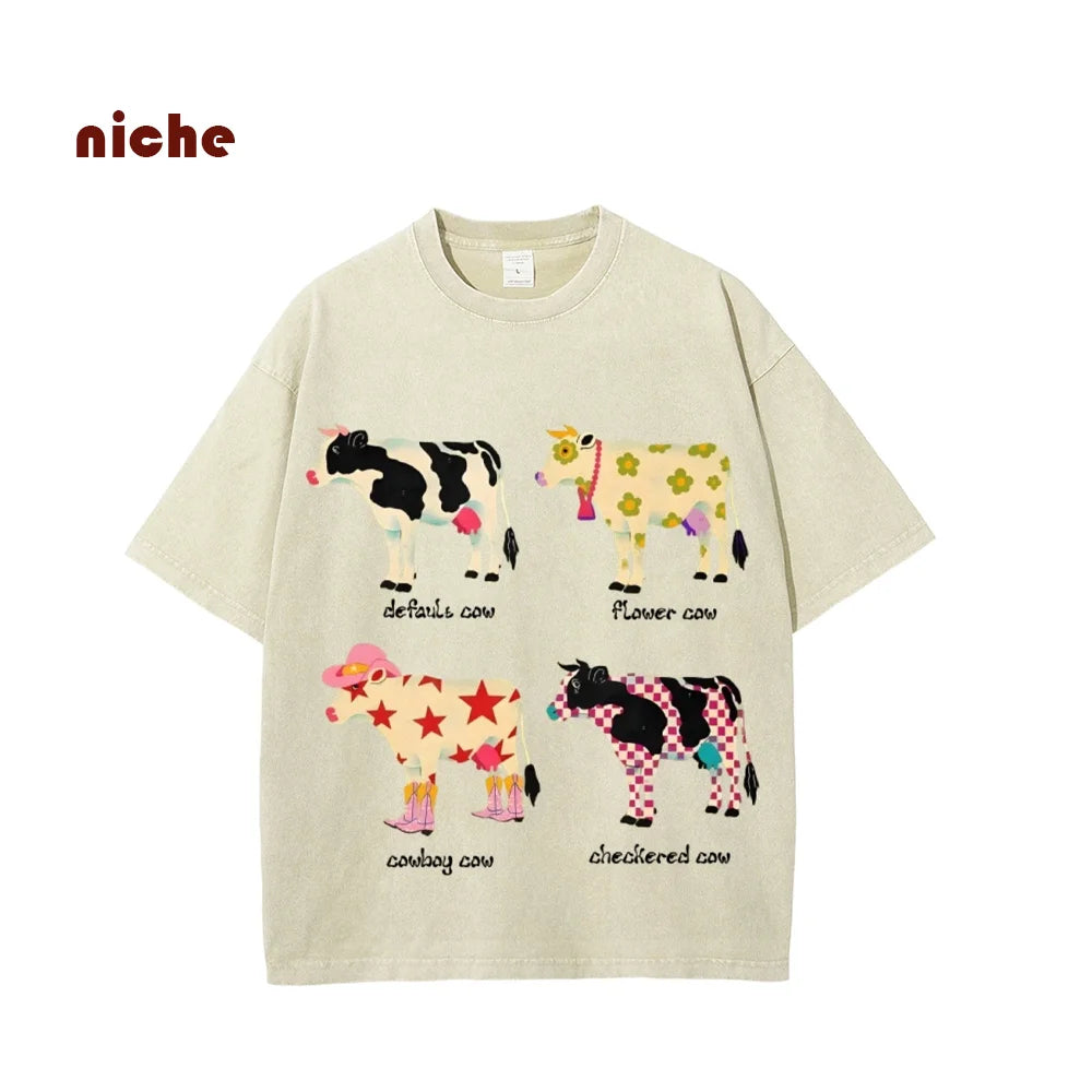 Cute Cartoon Cow Print T-Shirt Pure Cotton Washed Shoulder Round Neck Neutral Style Fashion Trend New High Quality Short Sleeves