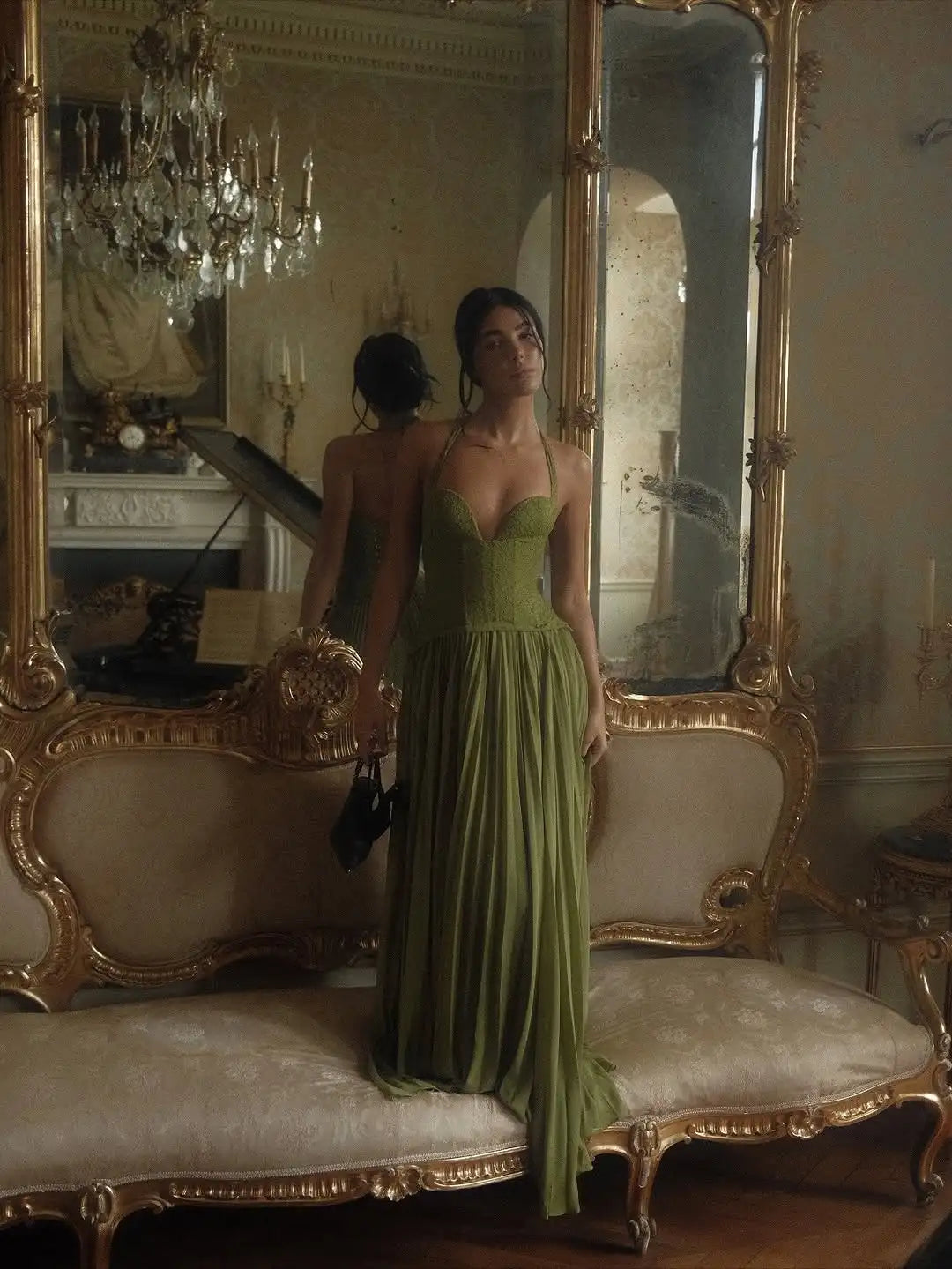 Women's Green Fishbone Corset Halter Maxi Dress
