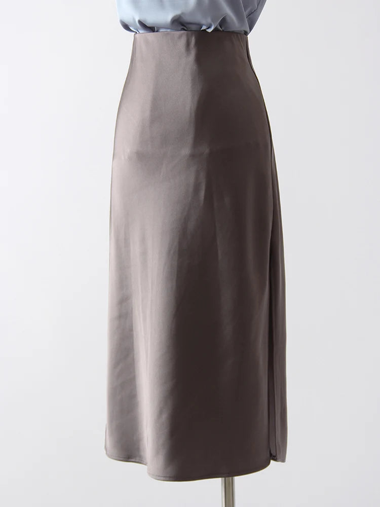 Women's Satin Midi Skirt – Elegant A-Line with Slit