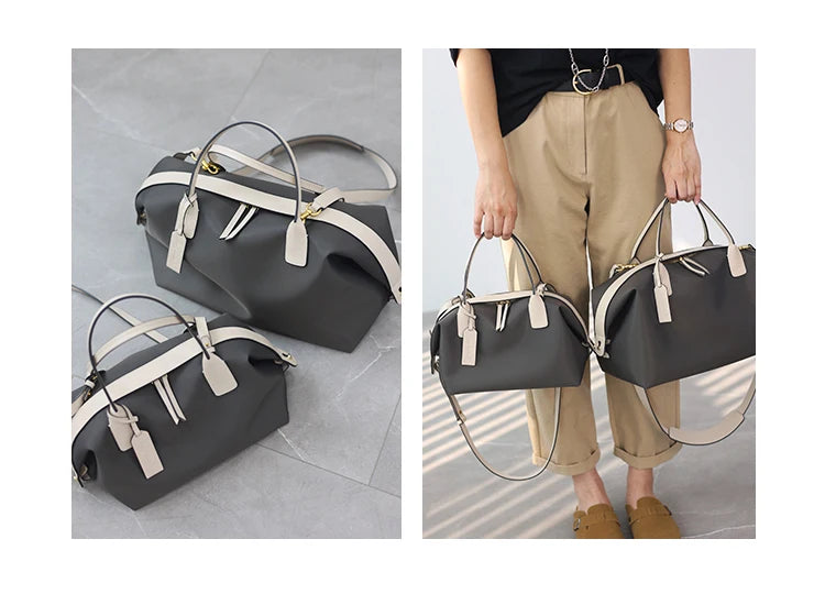 Women's Nylon With Genuine Leather Zipper Tote Lightweight Soft Travling Bags Versatile Style Handbag Different Colors And Size