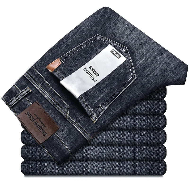 OUSSYU Brand Classic Retro Blue Men's Jeans Denim Pants Work Streetwear Straight Stretch Business Autumn Winter Cotton Trousers