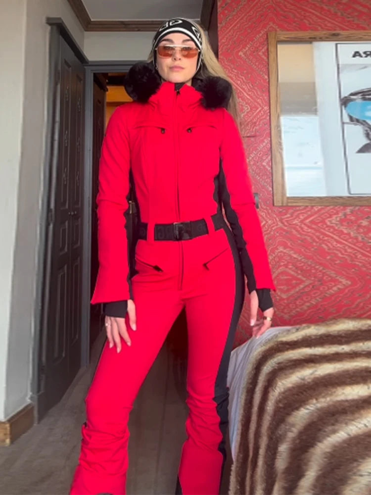 Elegant Faux Fur Hooded Women's Ski Jumpsuit