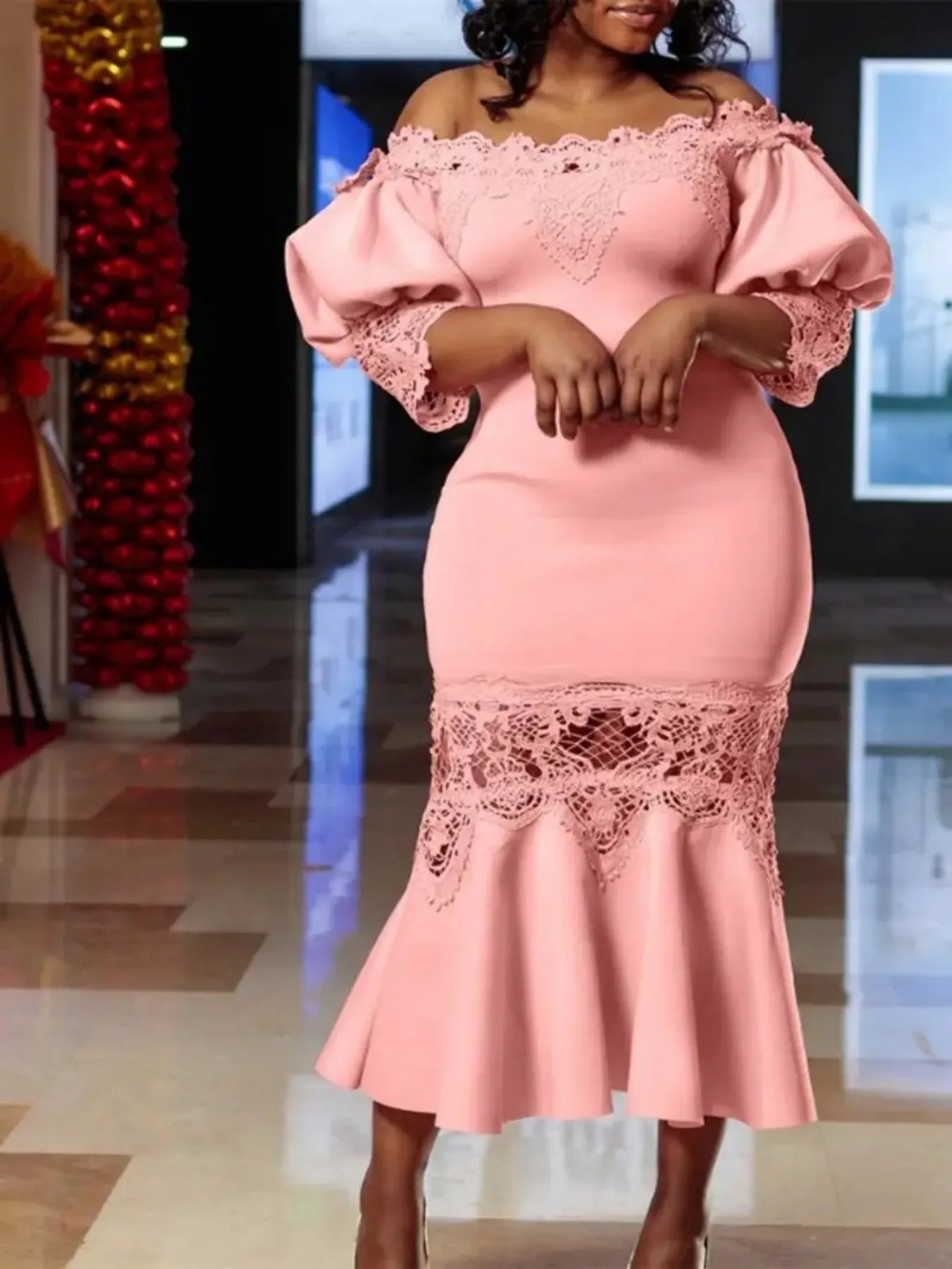 Elegant Lace Off-the-Shoulder Fishtail Evening Gown