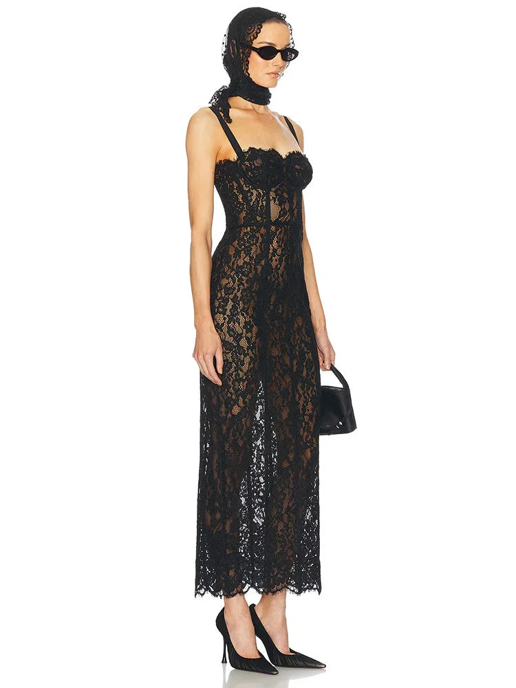 Elegant V-Neck Lace Maxi Dress