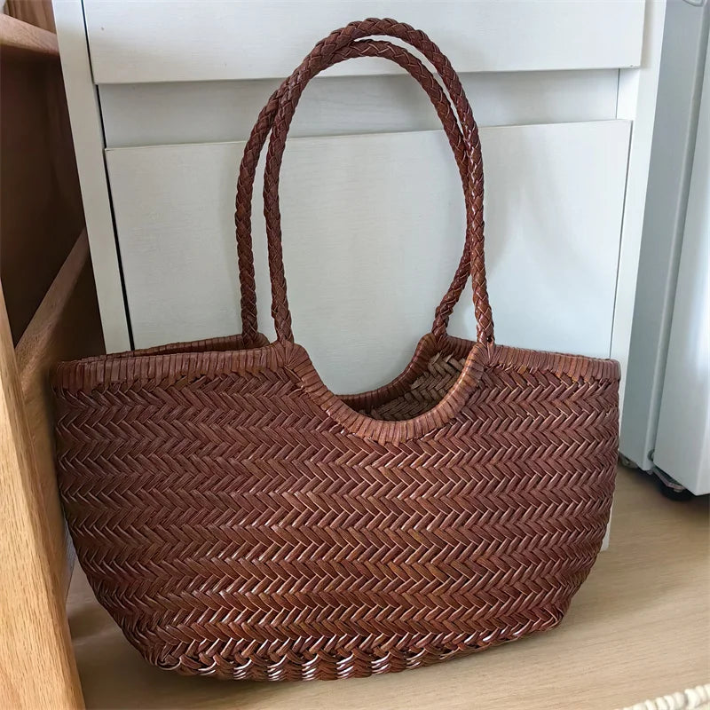 Luxury Designer Genuine Leather Cowhide Hand-woven Tote Bag High Quality Vintage Women's  Vacation Travel Beach Shoulder Bag
