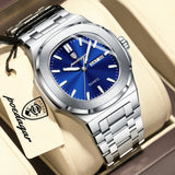 POEDAGAR Square Luxury Men Clock Waterproof Luminous Date Week Quartz Man Wristwatch Stainless Steel Fashion Men's Watches Reloj