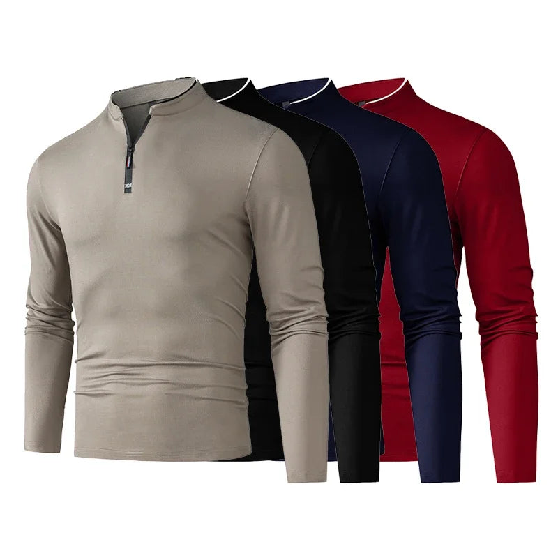 Men's Zipper Polo Shirt – Solid Color Long Sleeve