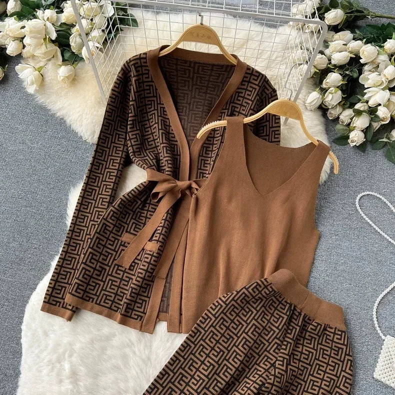 3-Piece Women’s Knitted Set: V-Neck Belted Cardigan & High-Waist Wide-Leg Pants