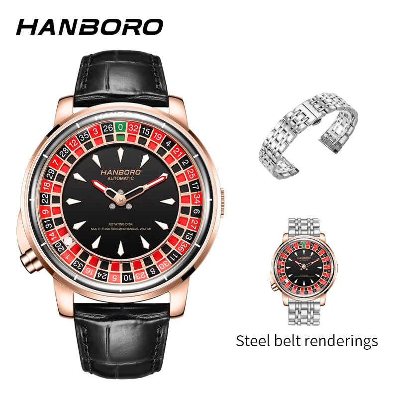 HANBORO Men's Fully Automatic Mechanical Watch Casino Wheel Rotating Dial Luxury Rose Gold Unique Personalized Watch