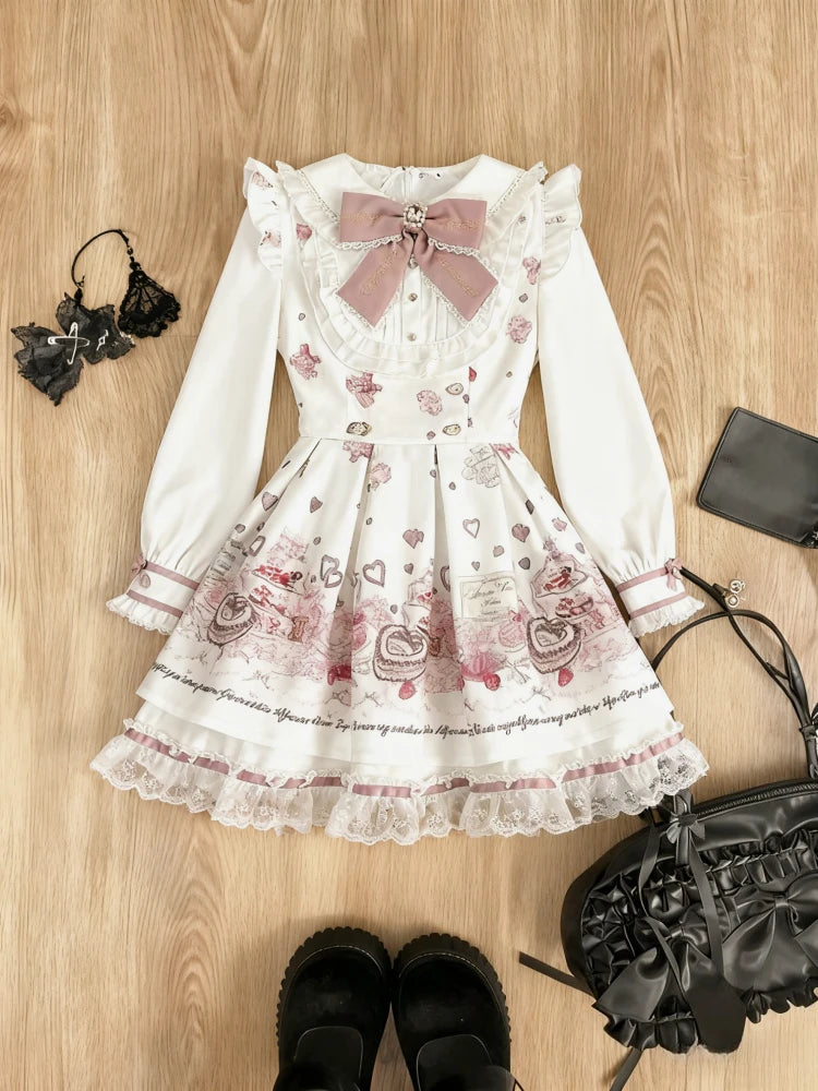 Y2k Japanese Kawaii Two-Piece Sets Long Sleeve Top + Short Skirt Sweet Women Casual Cute Print Bow Patchwork 2025 New Arrival