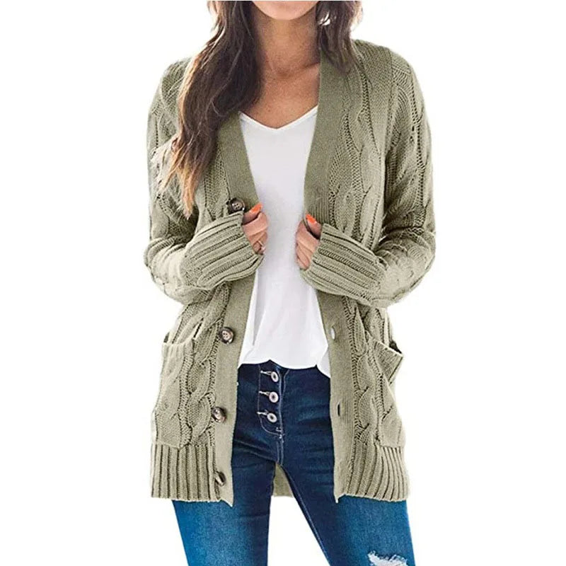 Women's V-Neck Button-Down Cardigan – Soft Loose Fit Knitted Sweater Jacket