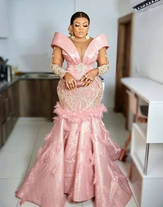 Mermaid Evening Gown | Crystals, Feathers & Beading
