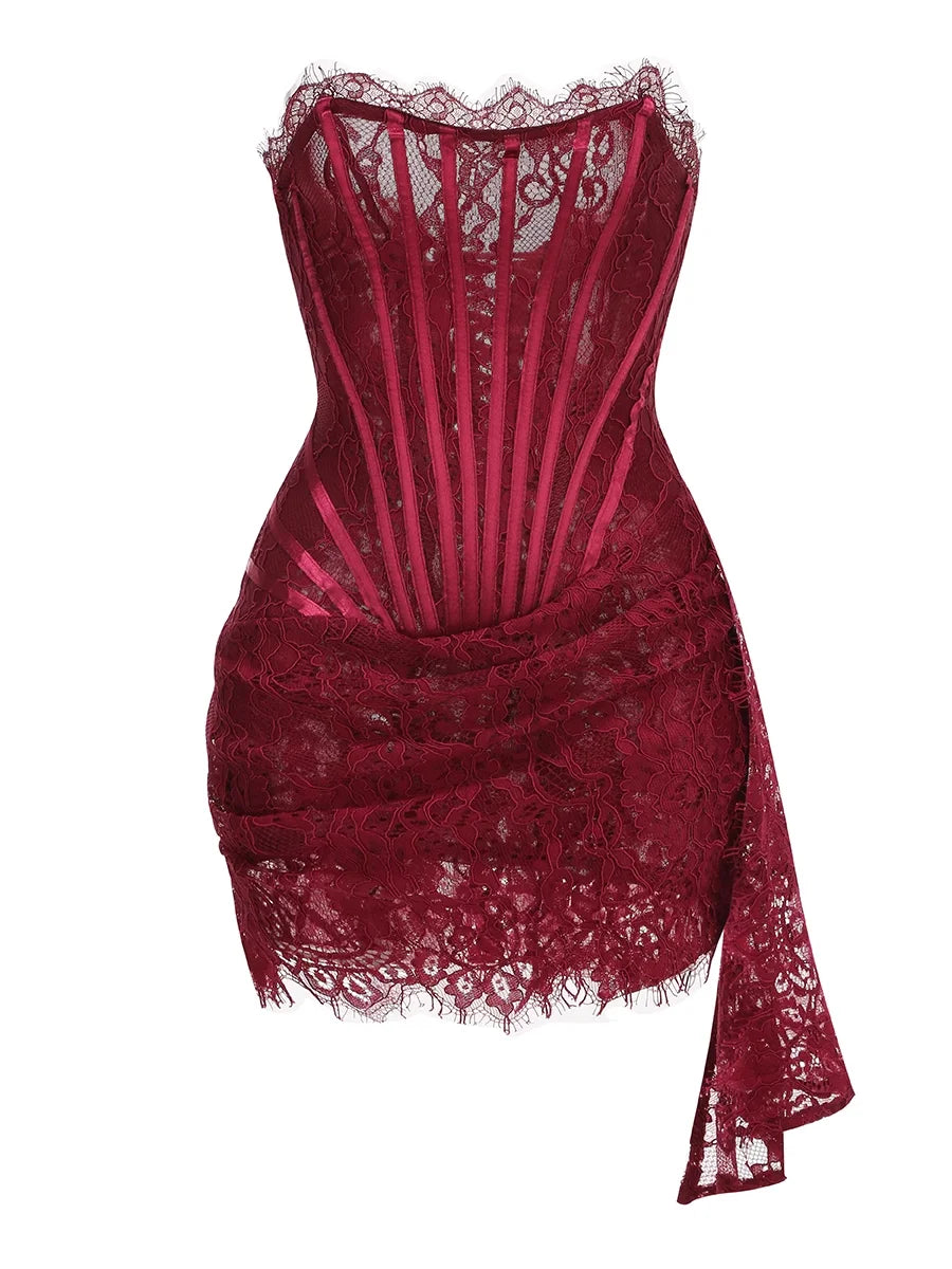 Strapless Lace Mini Dress – Elegant Sheer Patchwork Slim Fit Evening Dress