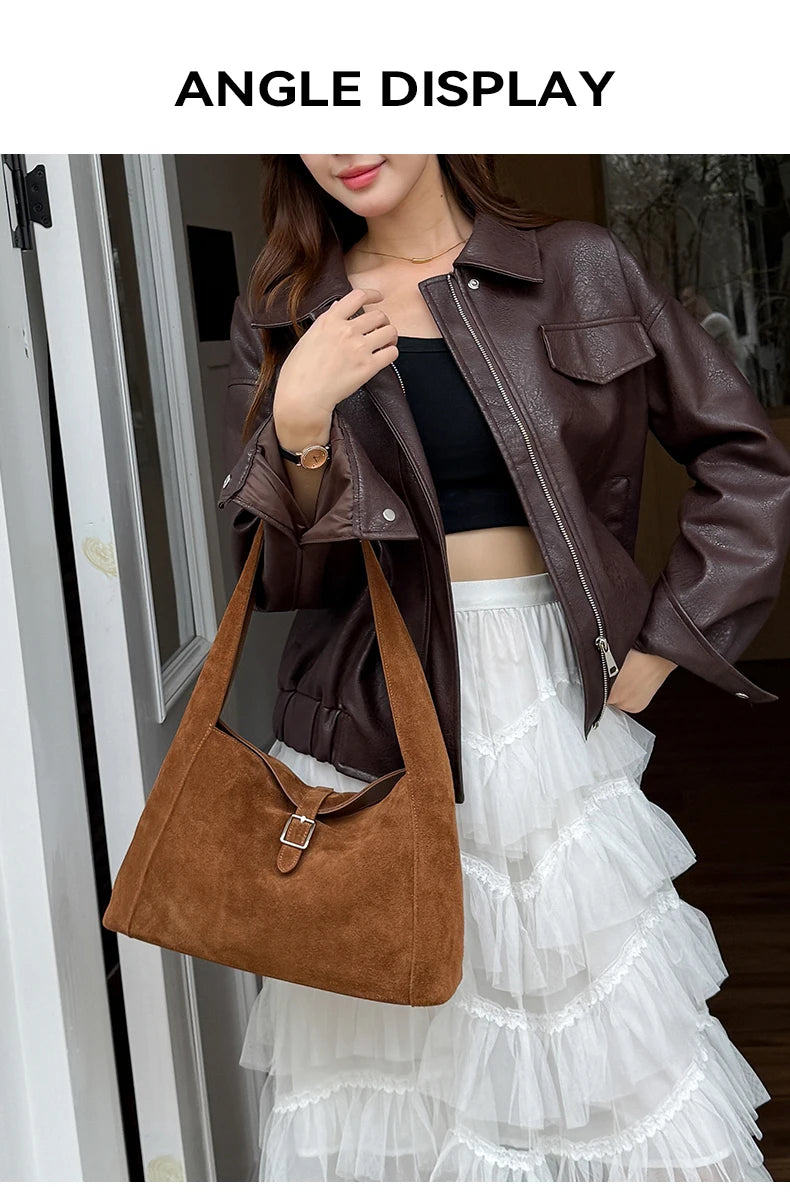 New Winter Women's Natural Suede Leather Bags Female Soft Cowhide Durable Crossbody Shoulder Bag Ladies Fashion Commute Handbags