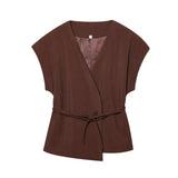 2-Piece Sleeveless V-Neck Trouser Set with Belt – Summer Commuter Wide Leg Suit