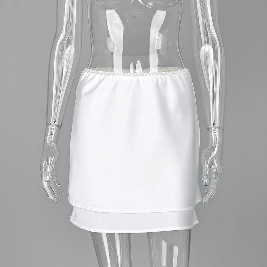 Linad White Satin Layered Lace Mini Skirt