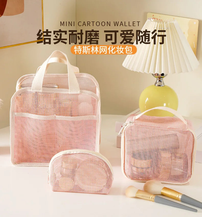 Large Mesh Makeup Bag for Women Portable Breathable Cosmetic Organizer Bag Travel Makeup Pouch with Simple Design