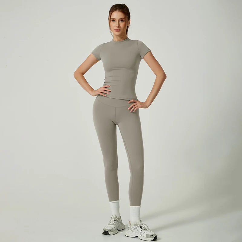 Quick-Drying Gym Leggings Set Sport Suit Short Sleeve Breathable Stretchy Slim Fitness Active Top Tight Gym Set