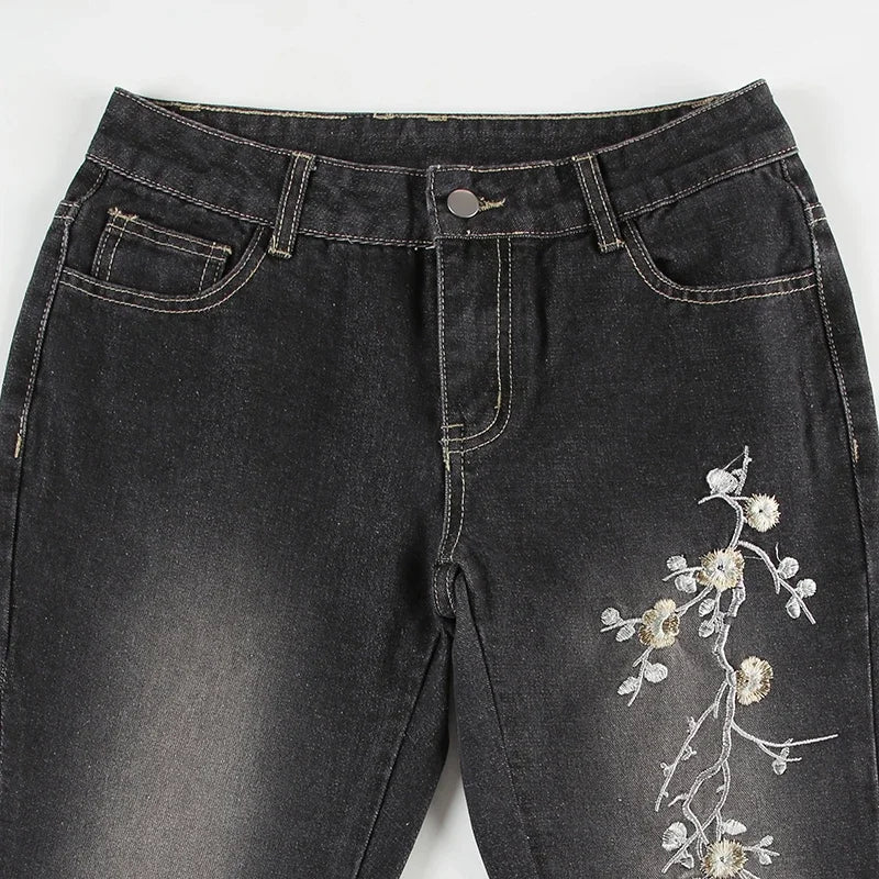 Weekeep Floral Embroidery Low Rise Flared Jeans Women