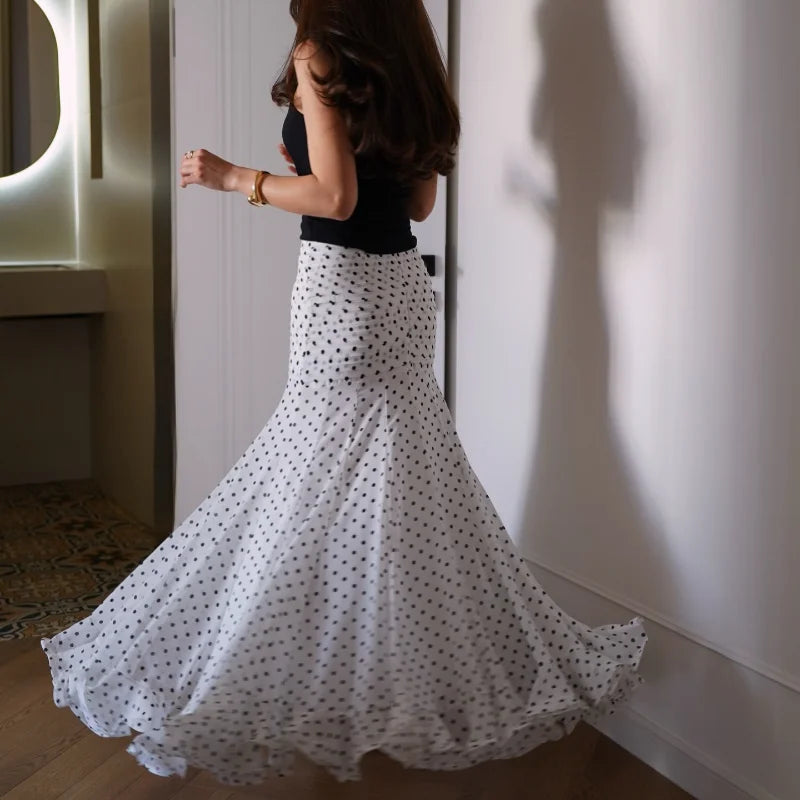 Women Polka Dot Print High Waist Maxi Skirt Elegant Ruched Mermaid Long Skirts 2026 Summer Casual Vacation Fashion  Outwear