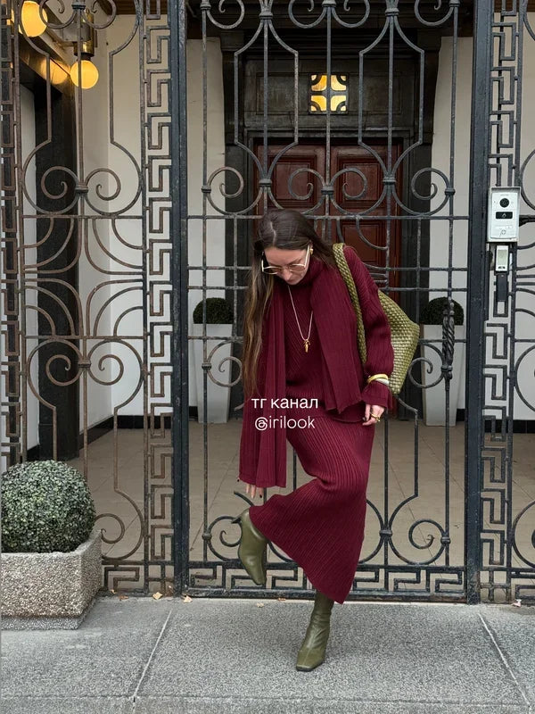 Hirsionsan Sexy Soft Elegant Vintage Women Suits 2 Pieces Female Sets Polo Neck Cardigan Sweater & Midi Dress Knitted TrackSuit