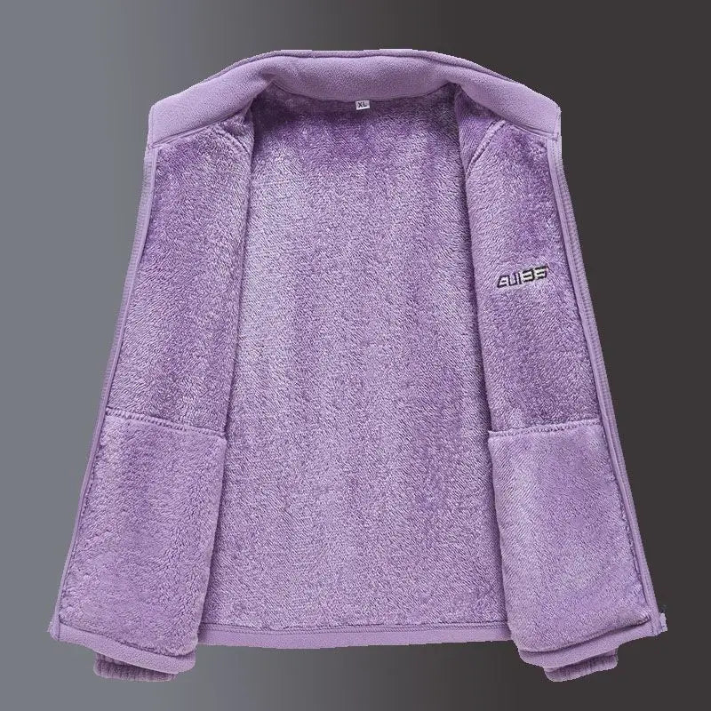 Women's Fleece Zip-Up Jacket with Embroidered Stand Collar