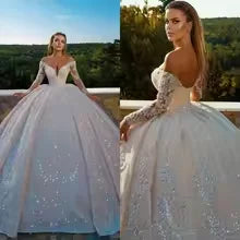 Customized Ball Gowns Beaded Appliques Sequins Off Shoulder Wedding Dress  Long Sleeve Pleat Sweep Train Bridal Dresses