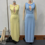 Women Elegant Maxi Dress Keyhole Neckline Braided Trim Sleeveless Backless High Slit Hem Solid Dresses 2026 Summer Fashion Gown