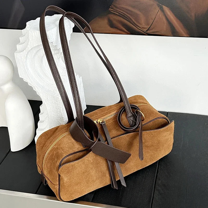 Autumn Winter Women's Cow Genuine Leather Tote Bag Suede Commuting Cowhide Handbags Large Capacity Designer Luxury Velvet Bags