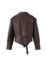 Mauroicardi Spring Autumn Short Retro Brown Pu Leather Jacket Women Sashes Lace Up Luxury Designer Emo Clothes European Fashion