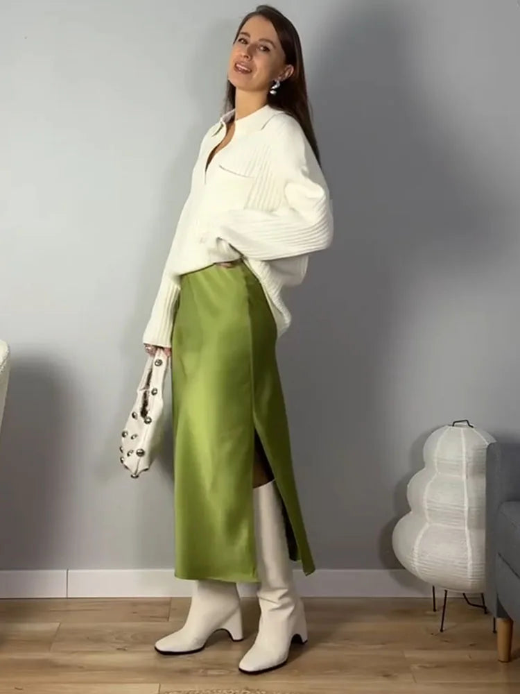 Women's Satin Midi Skirt – Elegant A-Line with Slit