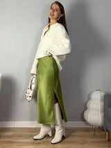 Women's Satin Midi Skirt – Elegant A-Line with Slit