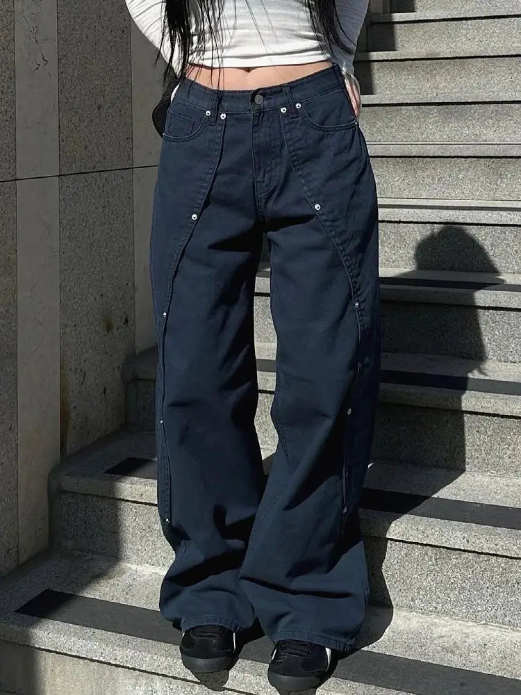 Vintage Rivet Patchwork Wide-Leg Jeans
