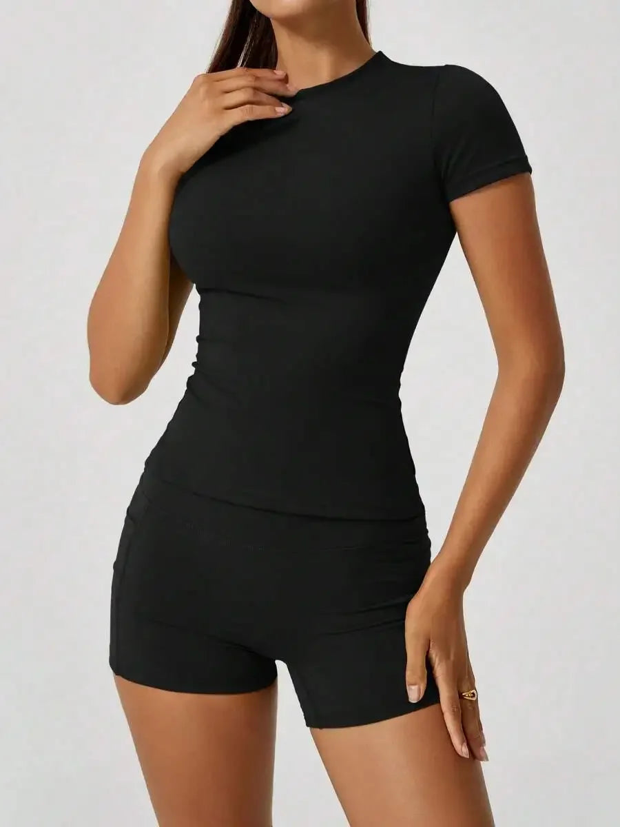 Women's Sculpting Sports Short Sleeve & High-Waist Shorts Set