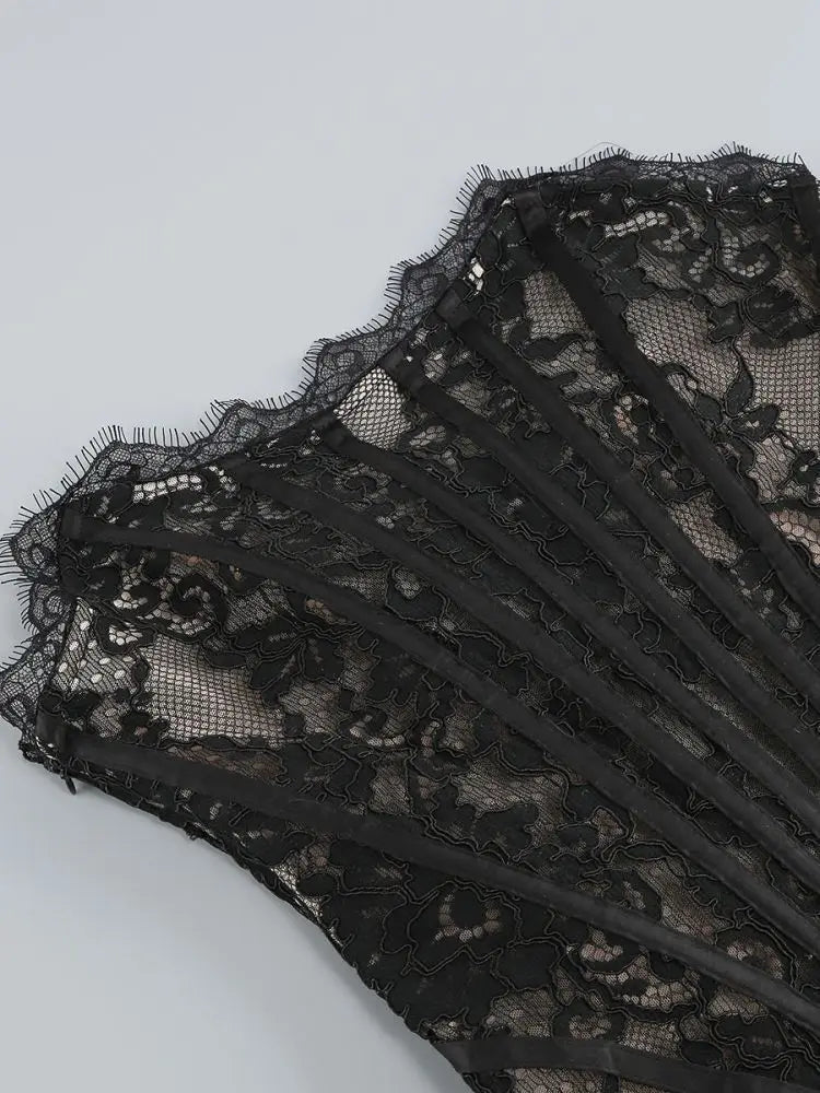 Strapless Lace Mini Dress – Elegant Sheer Patchwork Slim Fit Evening Dress