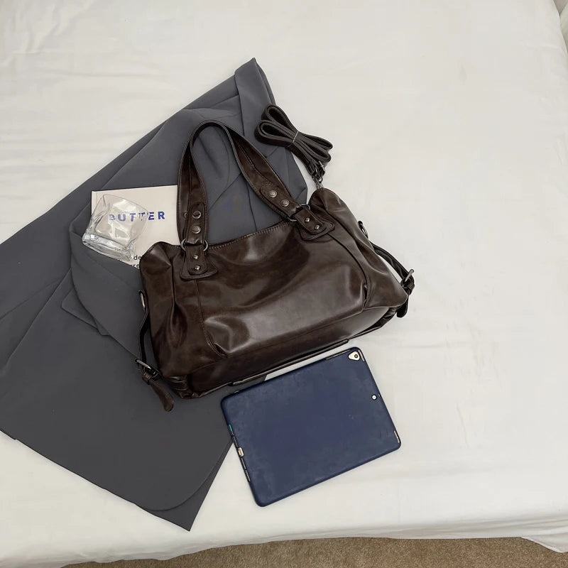 Women's Retro PU Leather Large Capacity Boston Tote Bag